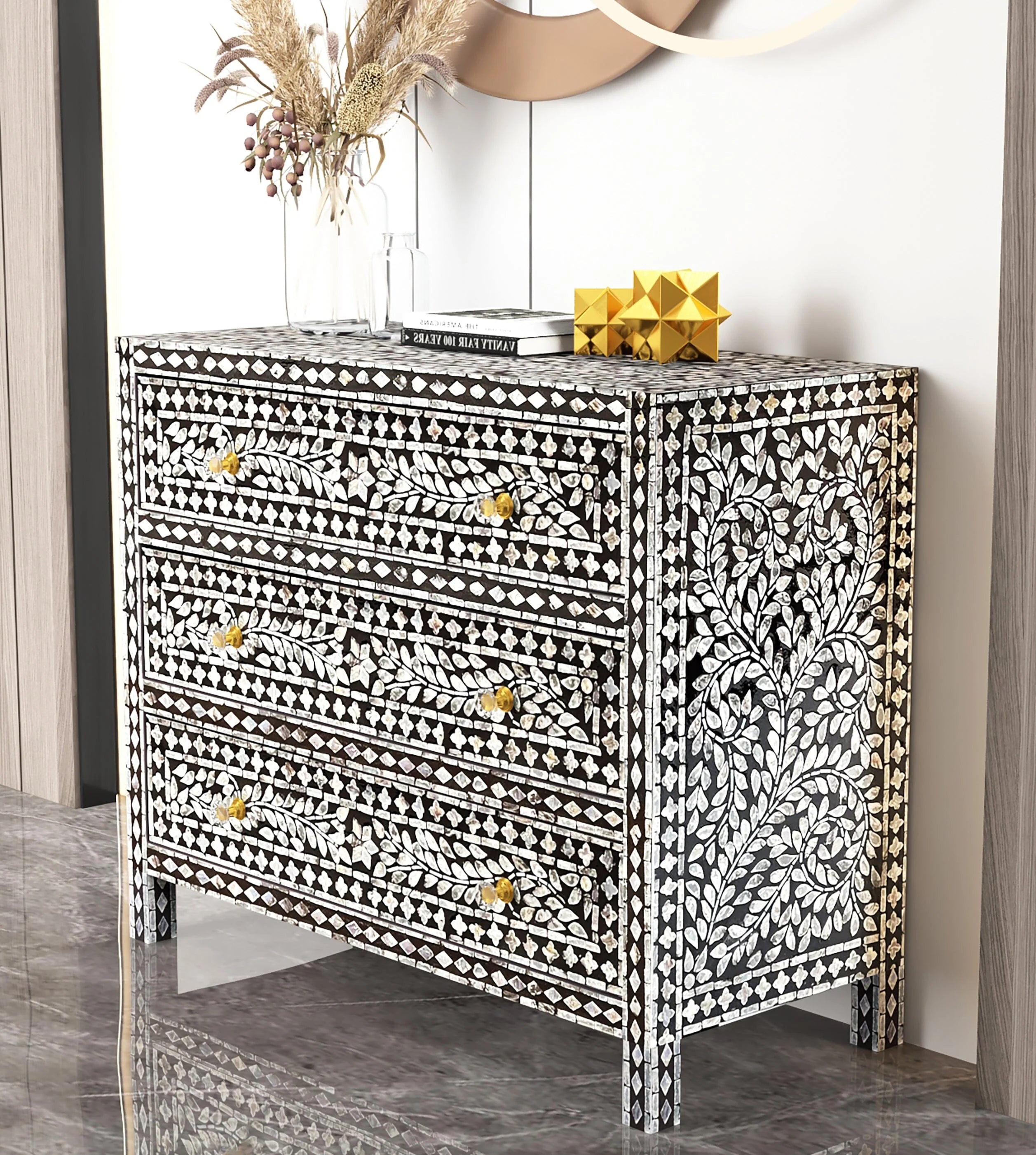 Monochrome Radiance Pearl-Embellished Chest of Draws