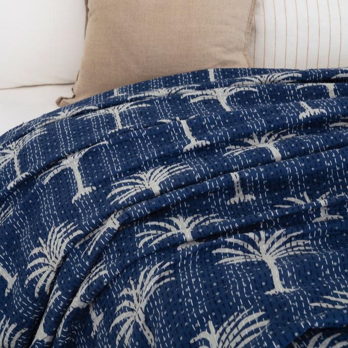 Navy Blue Palm Tree Hand Stitched Cotton Doona King Size