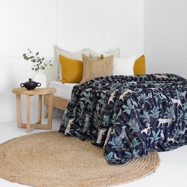 Navy Flora Fauna Design Boho Cotton Bedspread King Size