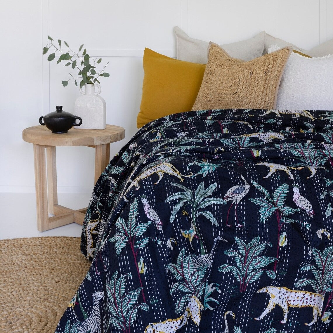 Navy Flora Fauna Design Boho Cotton Bedspread King Size