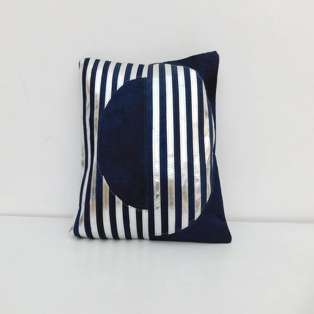 Navy Silver Patched Cowhide Cushion Cover 40 x 40cms