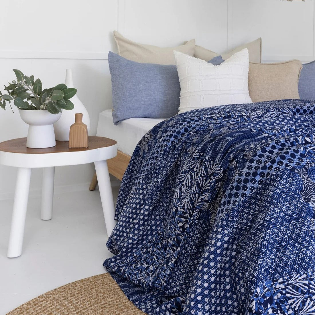 Navy and White Block Print Cotton Bedspread