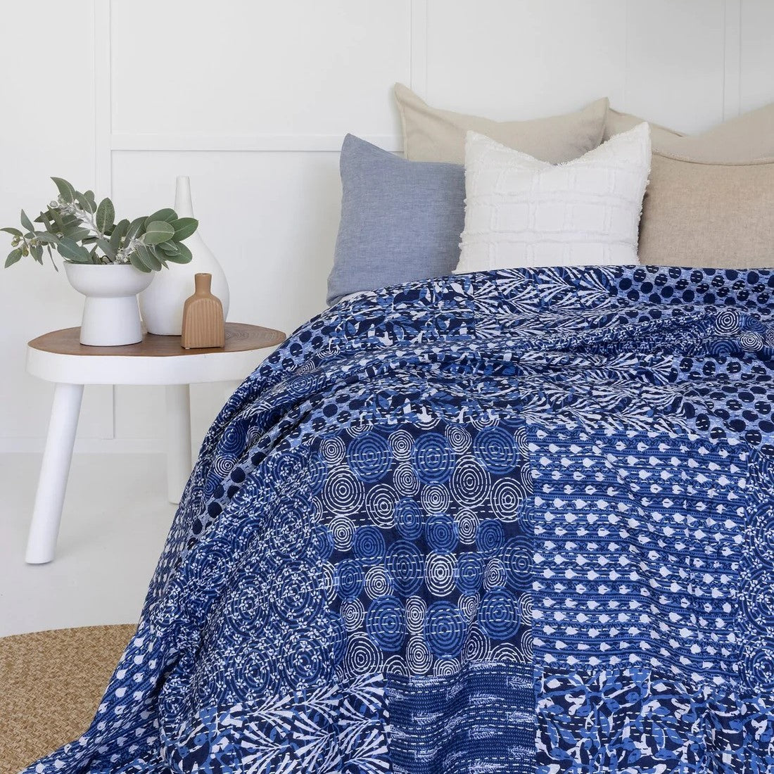 Navy and White Block Print Cotton Bedspread