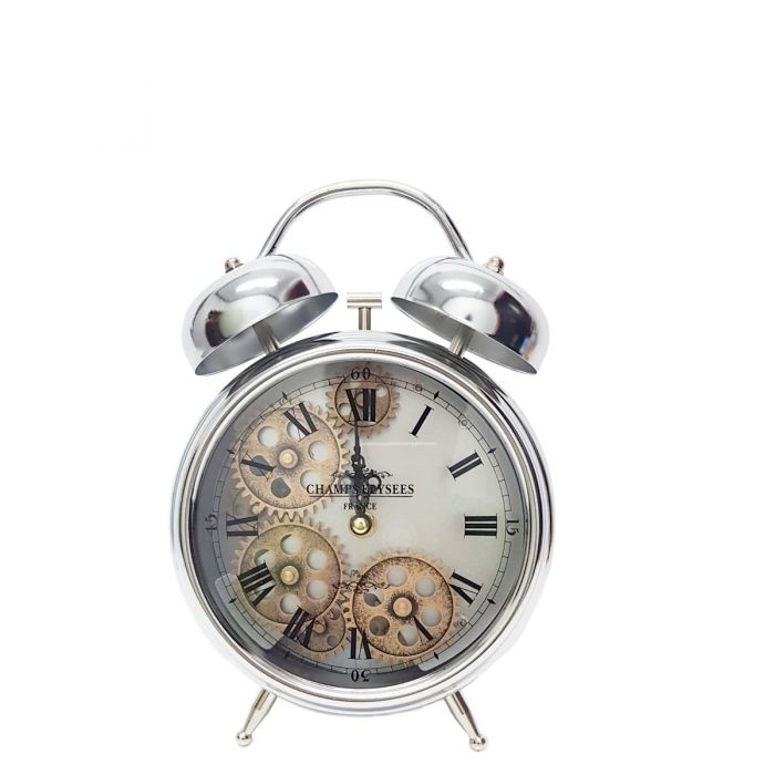 Newton Bell Exposed Gear Movement Bedside Clock - Silver