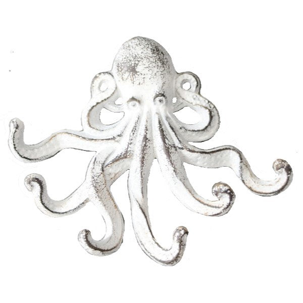 Octopus Cast Iron Wall Hanging 6 Hooks - Rustic White