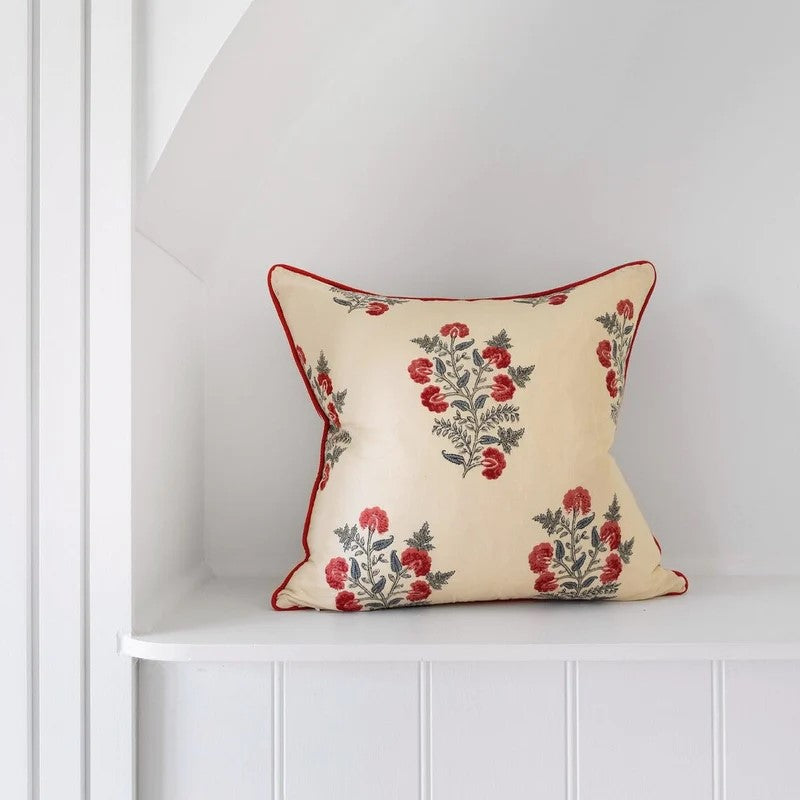 Orange Floral Block Print Cushion Cover 50 x 50cms Ivory