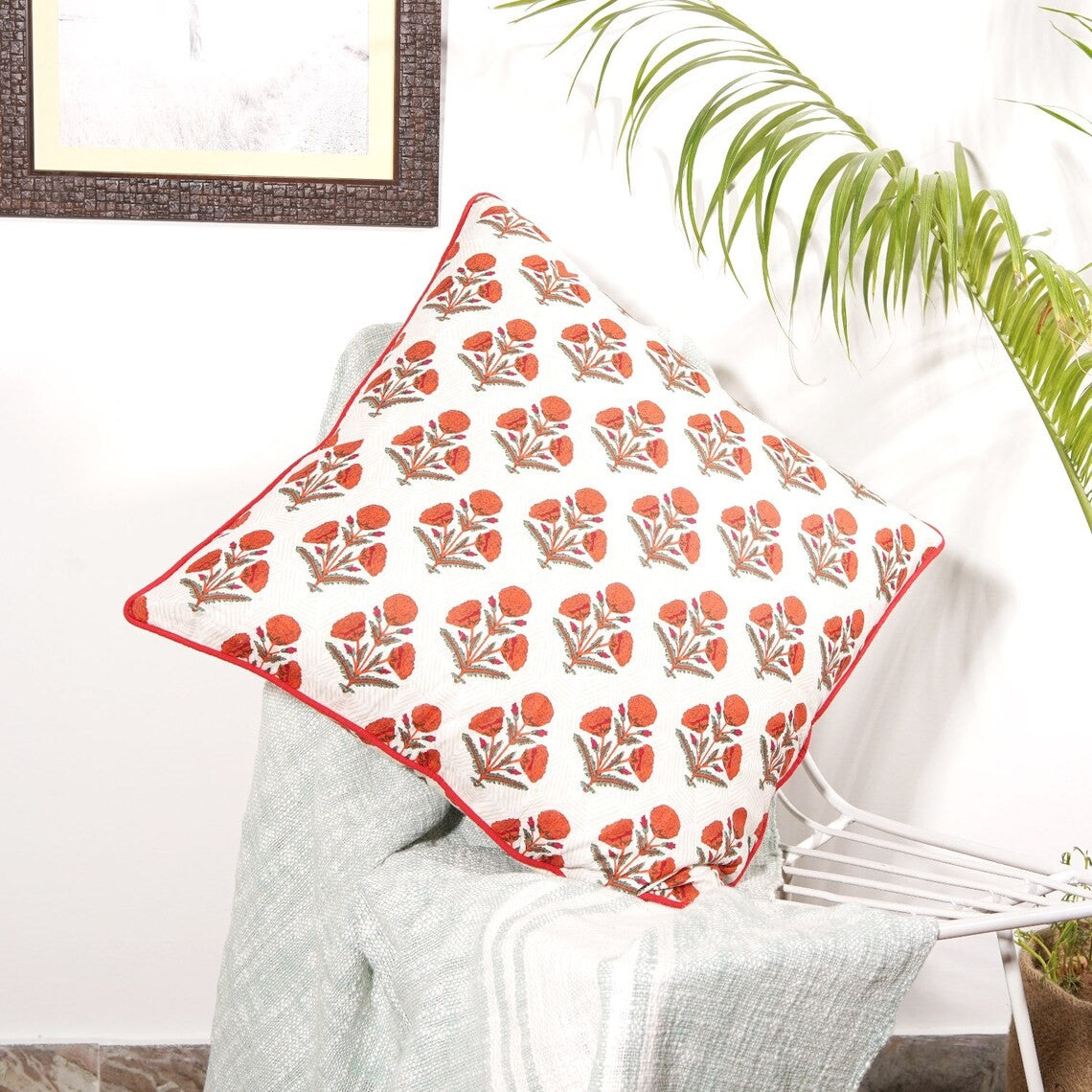 Orange Floral Block print Cotton Cushion Cover White 50 x 50cms