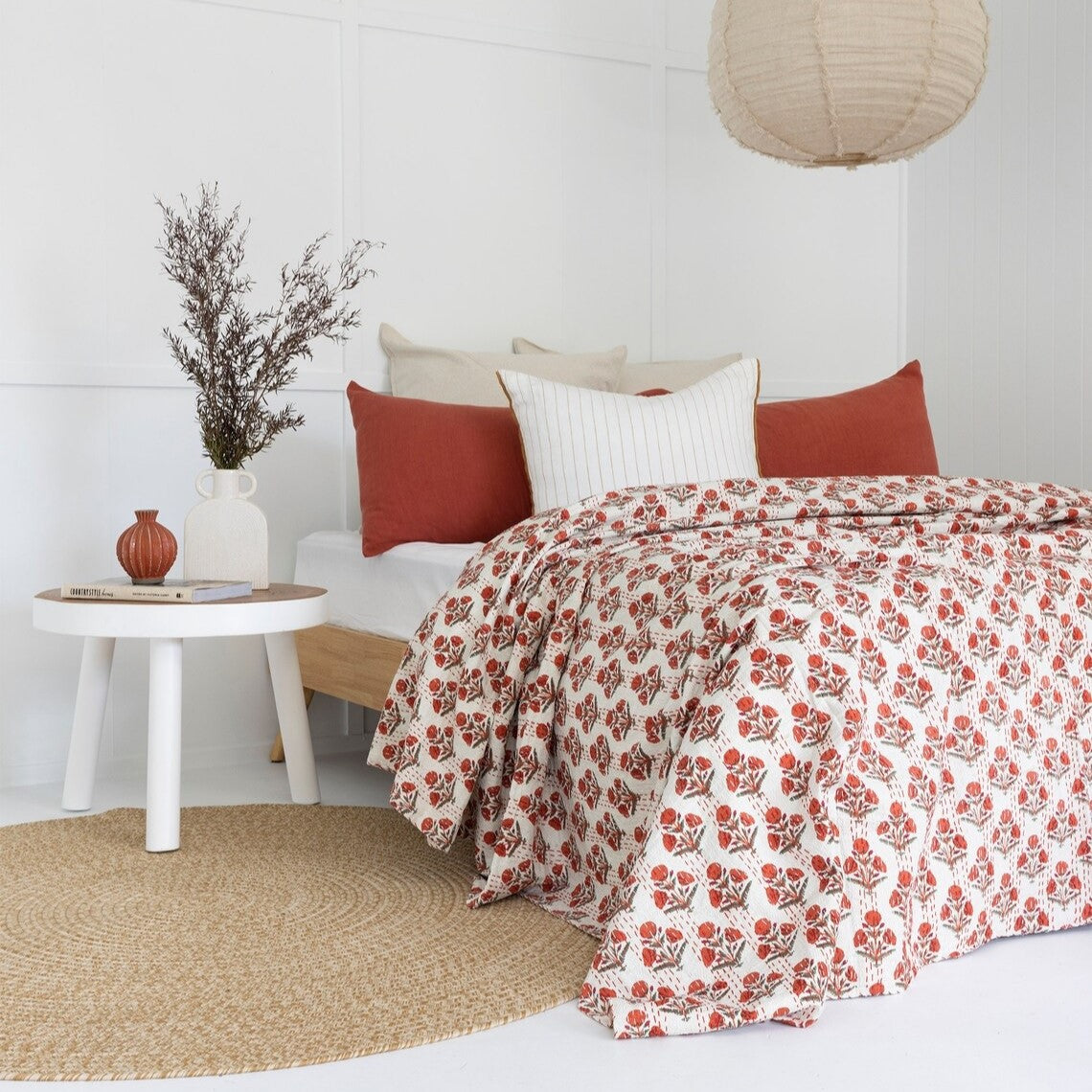 Orange Floral Designed Cotton Bedspread