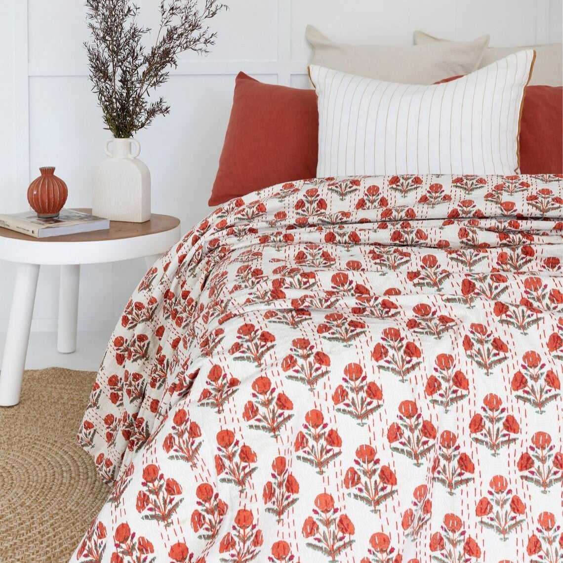 Orange Floral Designed Cotton Bedspread