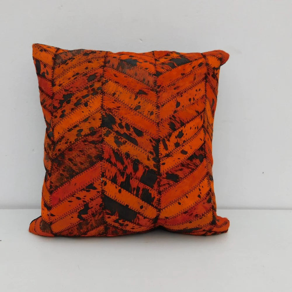 Orange Handmade Cowhide Patched Cushion Cover 40 x 40cms