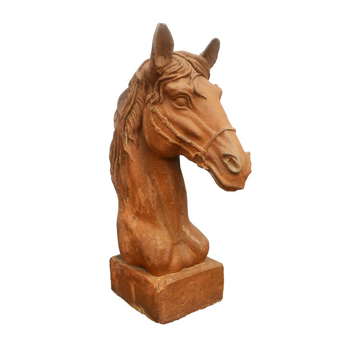 Outdoor Cast Iron Horse Head Up Garden Statue - Rusty Finish