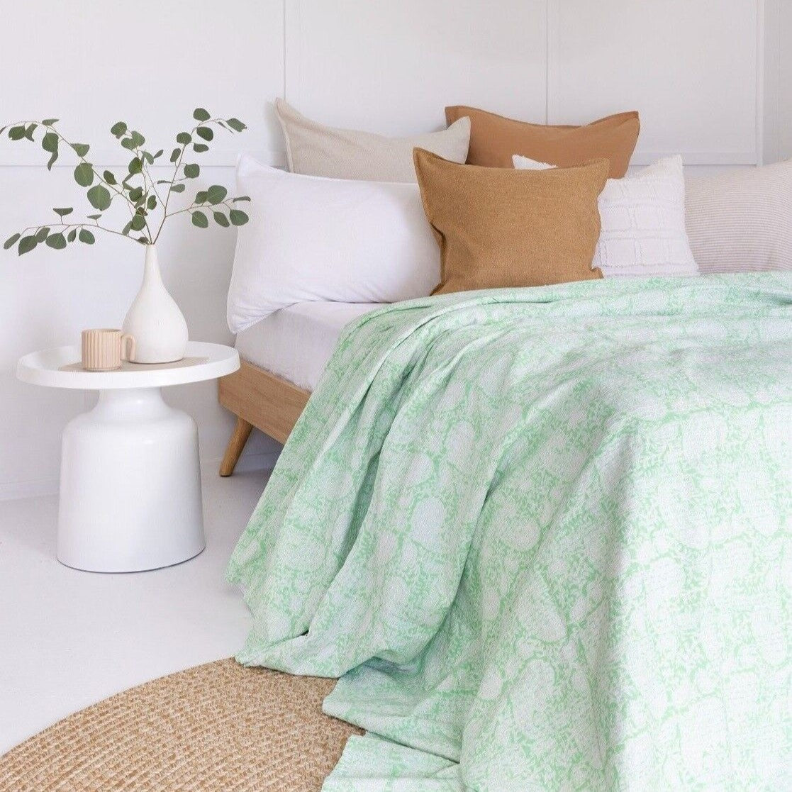 Pastel Green Block Print Cotton Bedspread King Size