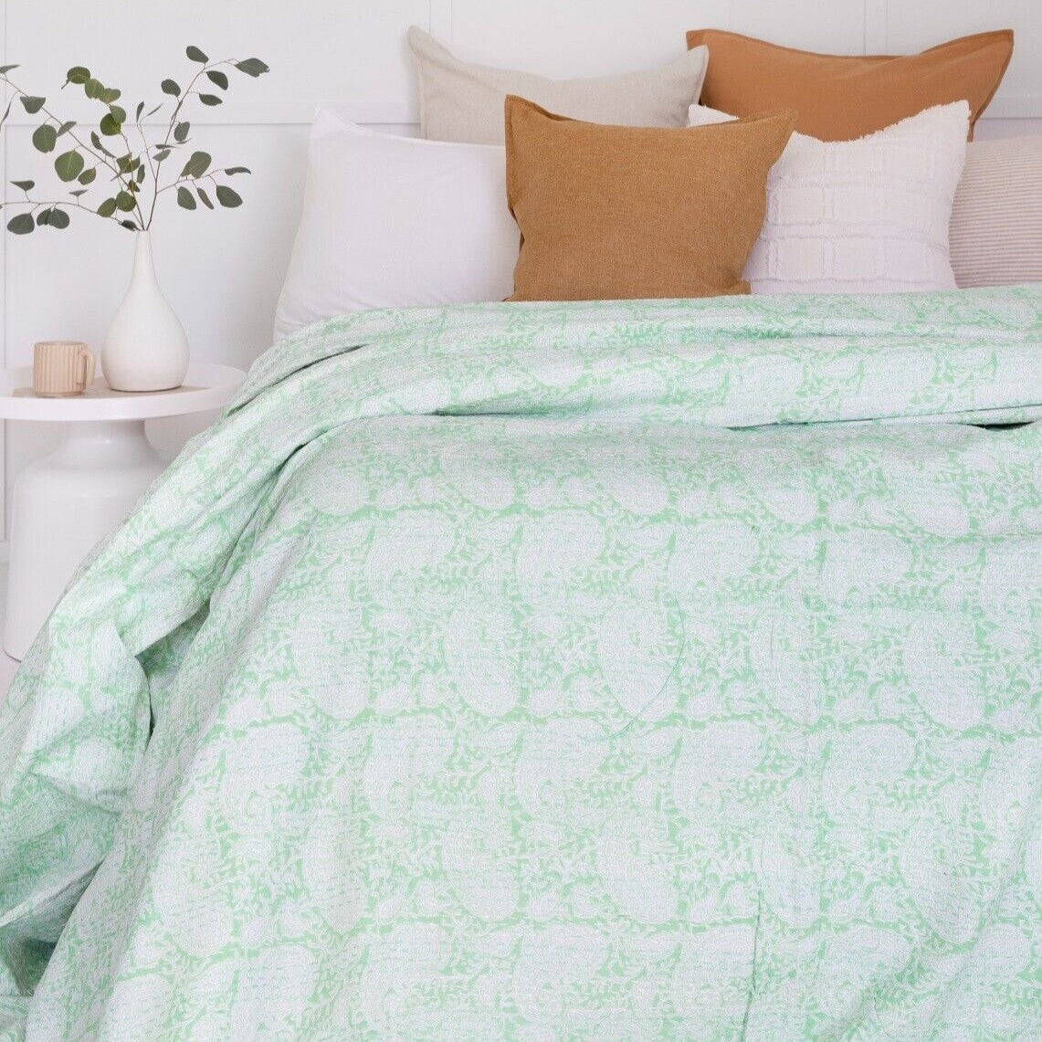 Pastel Green Block Print Cotton Bedspread King Size