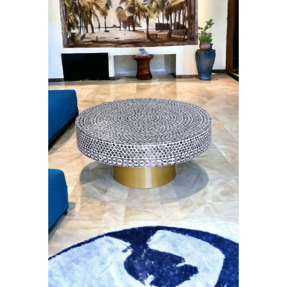 White & Black Pearlescent Gold Base Round Coffee Table