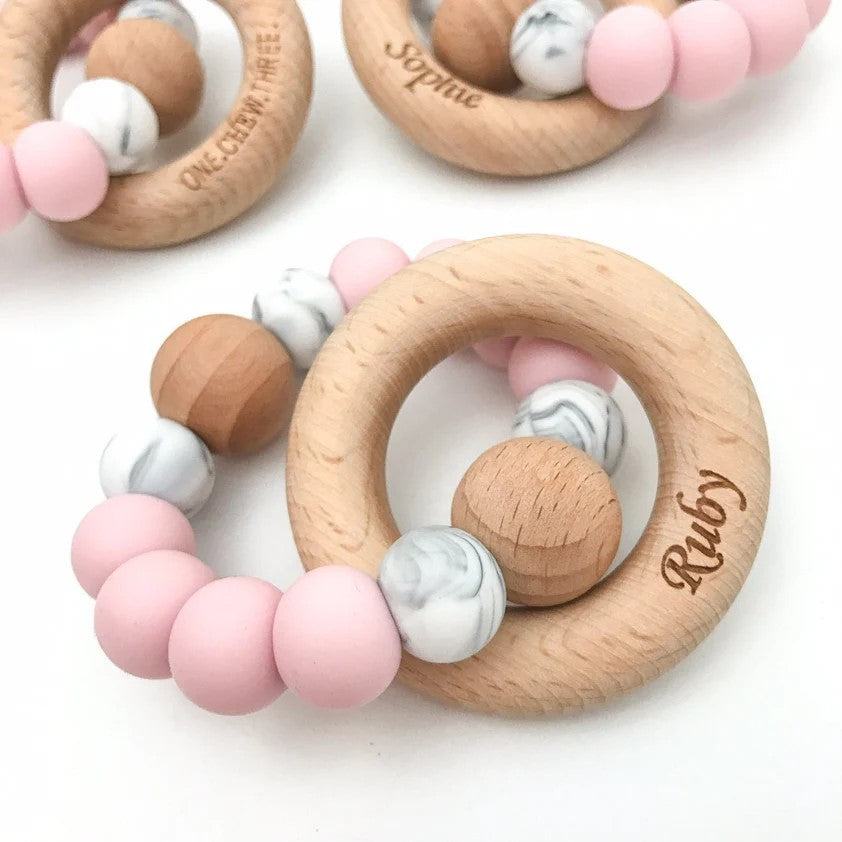 Personalised Silicone Wood Duo Rattle Teether (Available in 12 Colors)