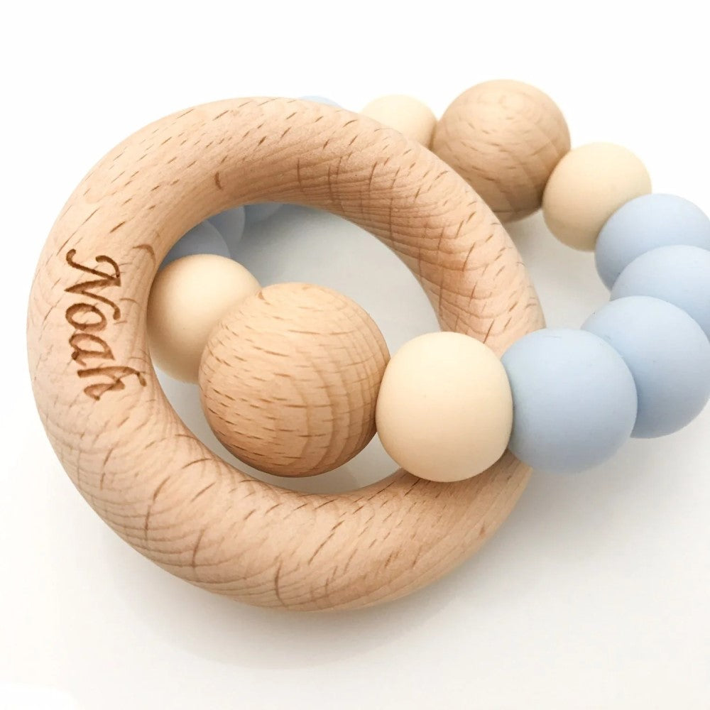 Personalised Silicone Wood Duo Rattle Teether (Available in 12 Colors)