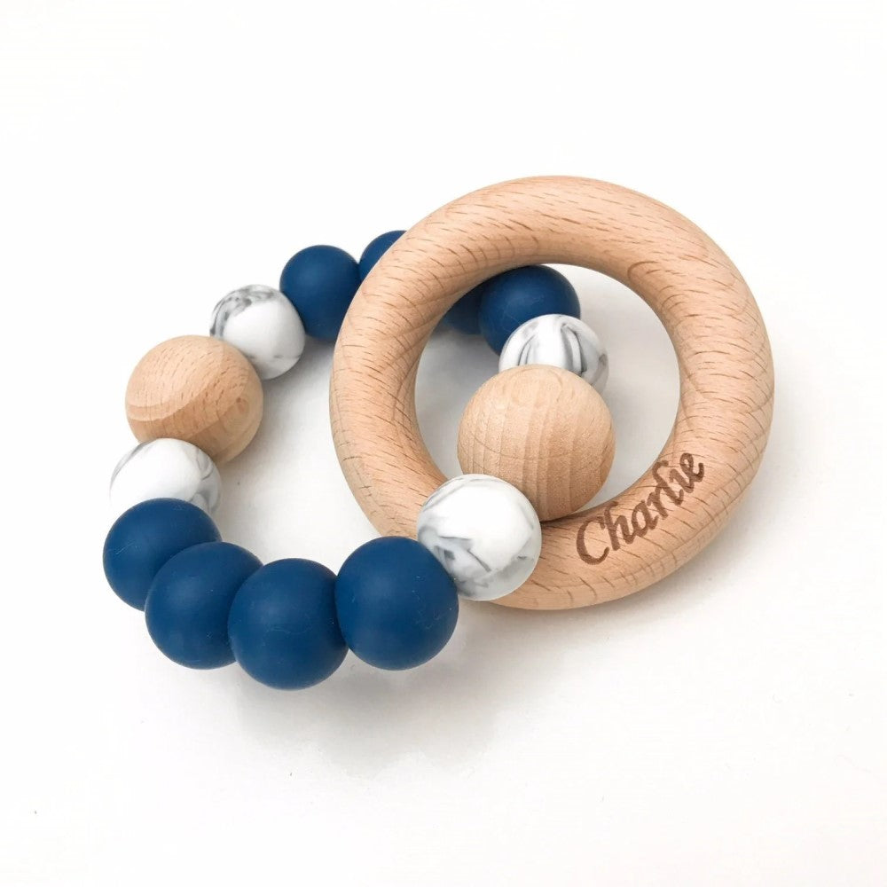 Personalised Silicone Wood Duo Rattle Teether (Available in 12 Colors)