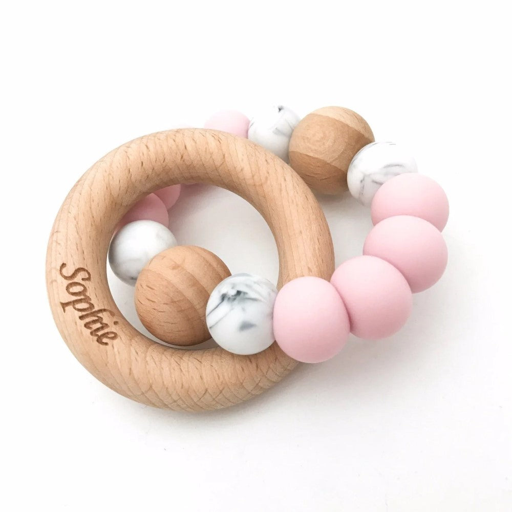 Personalised Silicone Wood Duo Rattle Teether (Available in 12 Colors)