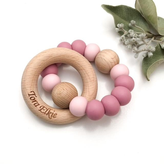 Personalised Silicone Wood Duo Rattle Teether (Available in 12 Colors)