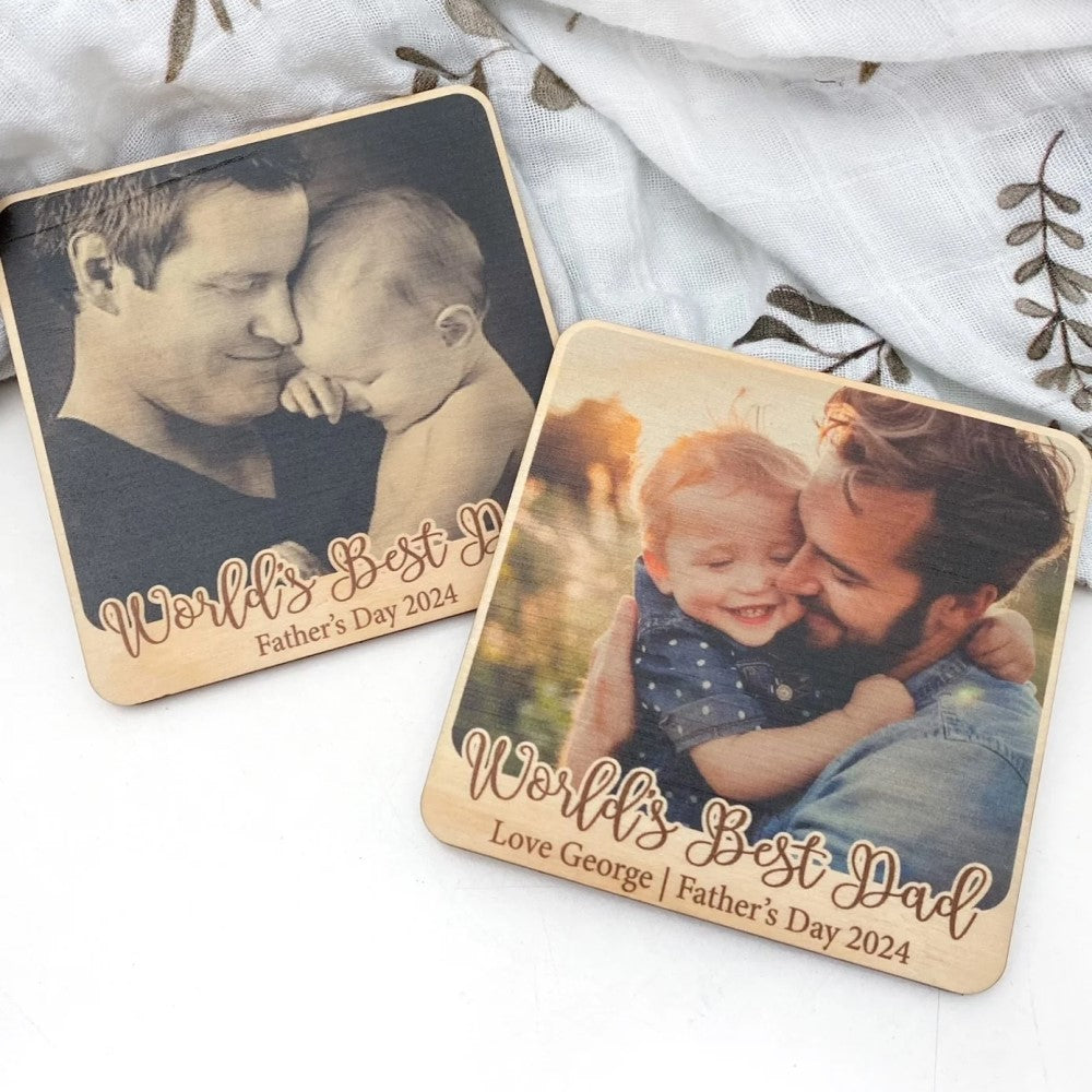 Personalised Timber Photo Coasters Set - "World's Best" With PHOTO