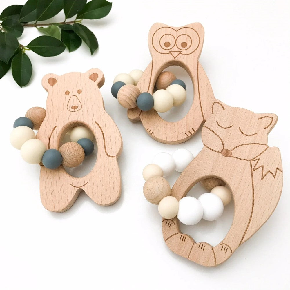 Personalised Woodland Silicone and Wood Teether (Available in 3 Styles & 4 Colors)