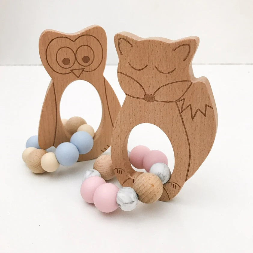 Personalised Woodland Silicone and Wood Teether (Available in 3 Styles & 4 Colors)