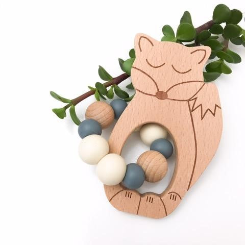 Personalised Woodland Silicone and Wood Teether (Available in 3 Styles & 4 Colors)