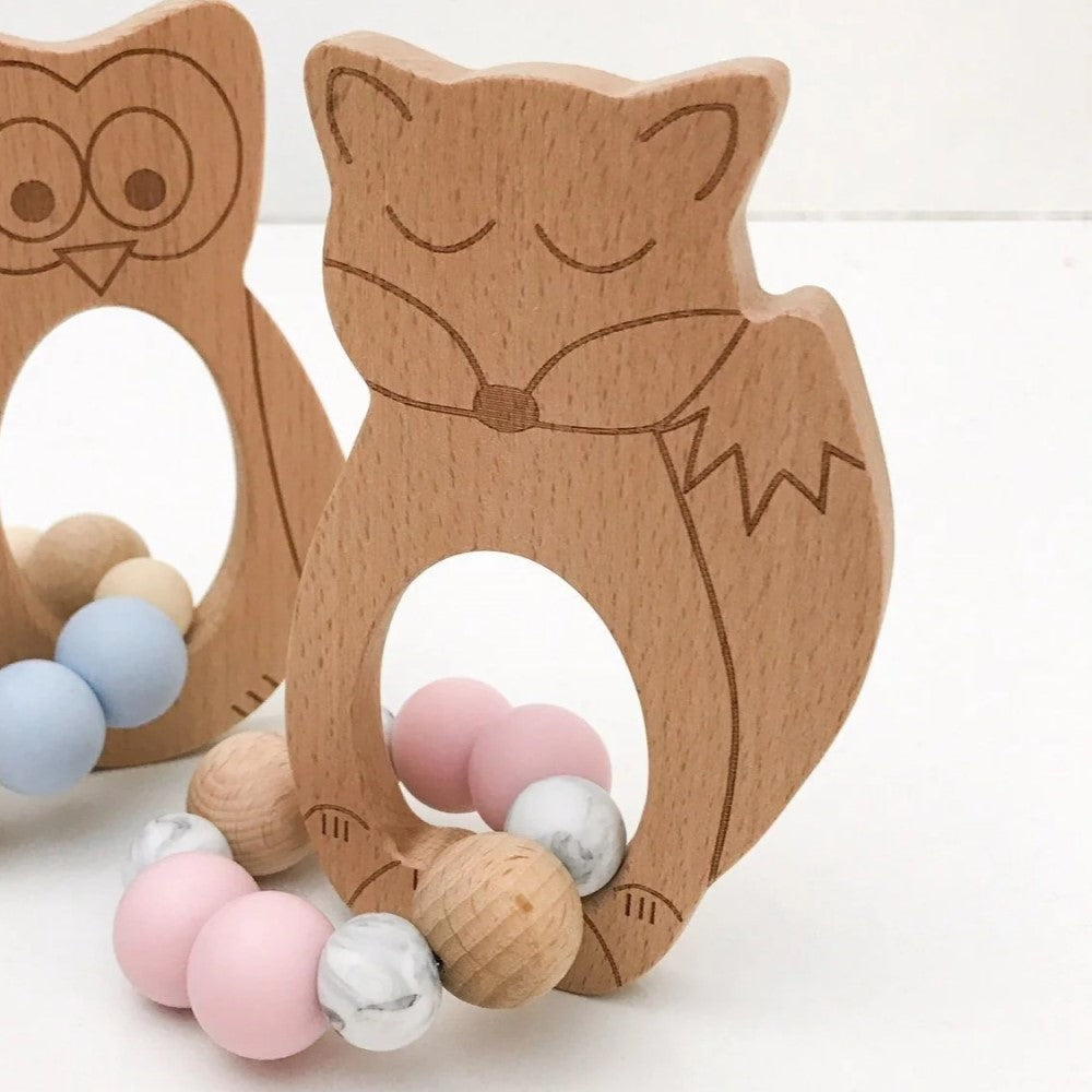 Personalised Woodland Silicone and Wood Teether (Available in 3 Styles & 4 Colors)