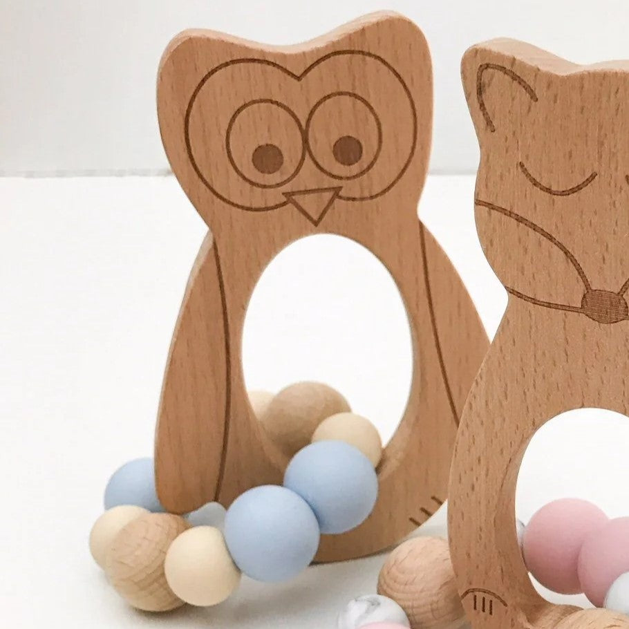 Personalised Woodland Silicone and Wood Teether (Available in 3 Styles & 4 Colors)