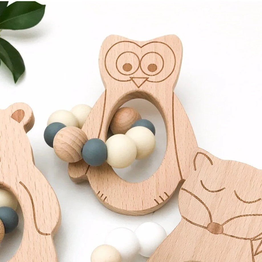 Personalised Woodland Silicone and Wood Teether (Available in 3 Styles & 4 Colors)