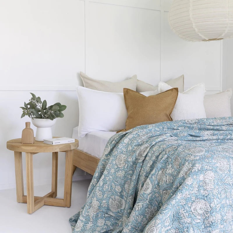 Petal Whispers in Sky Blue Cotton Bedspread