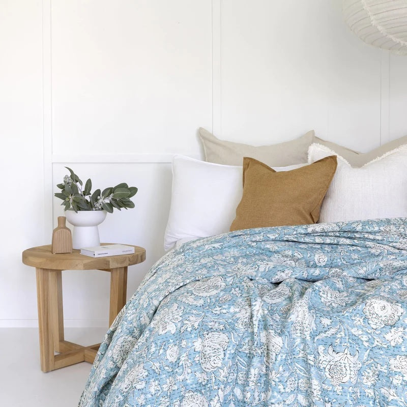 Petal Whispers in Sky Blue Cotton Bedspread