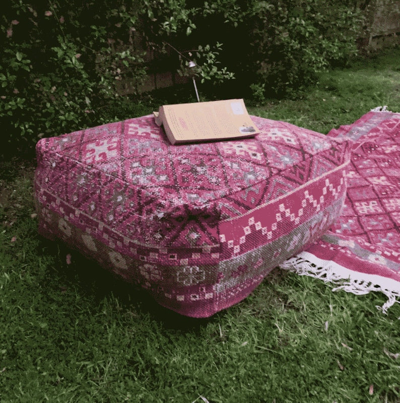 Pink Block Print Ottoman Cover