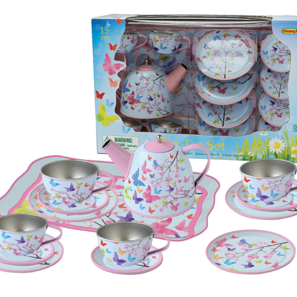 Pink Blossom Butterfly Tin Tea Set - 15-Piece Delight