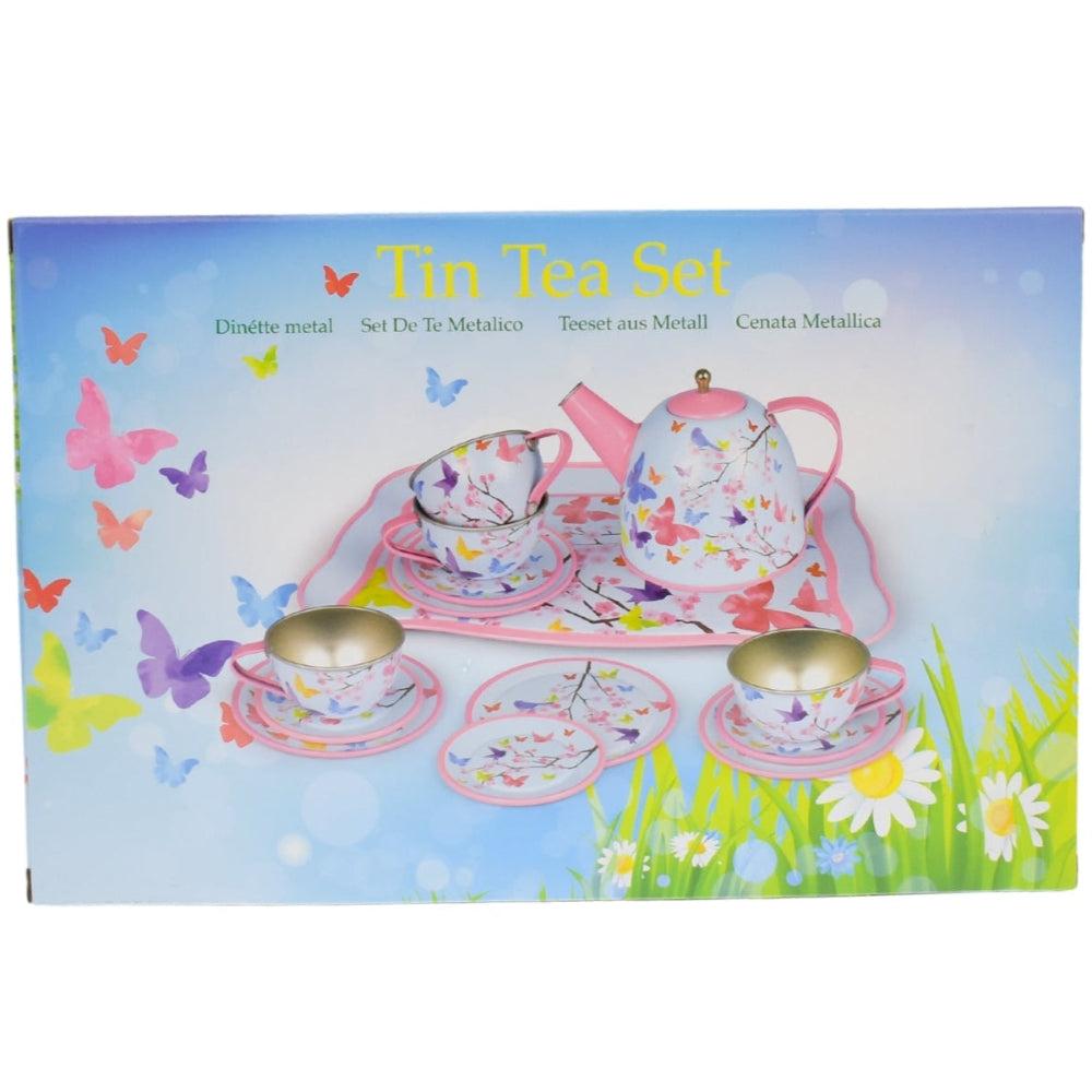 Pink Blossom Butterfly Tin Tea Set - 15-Piece Delight