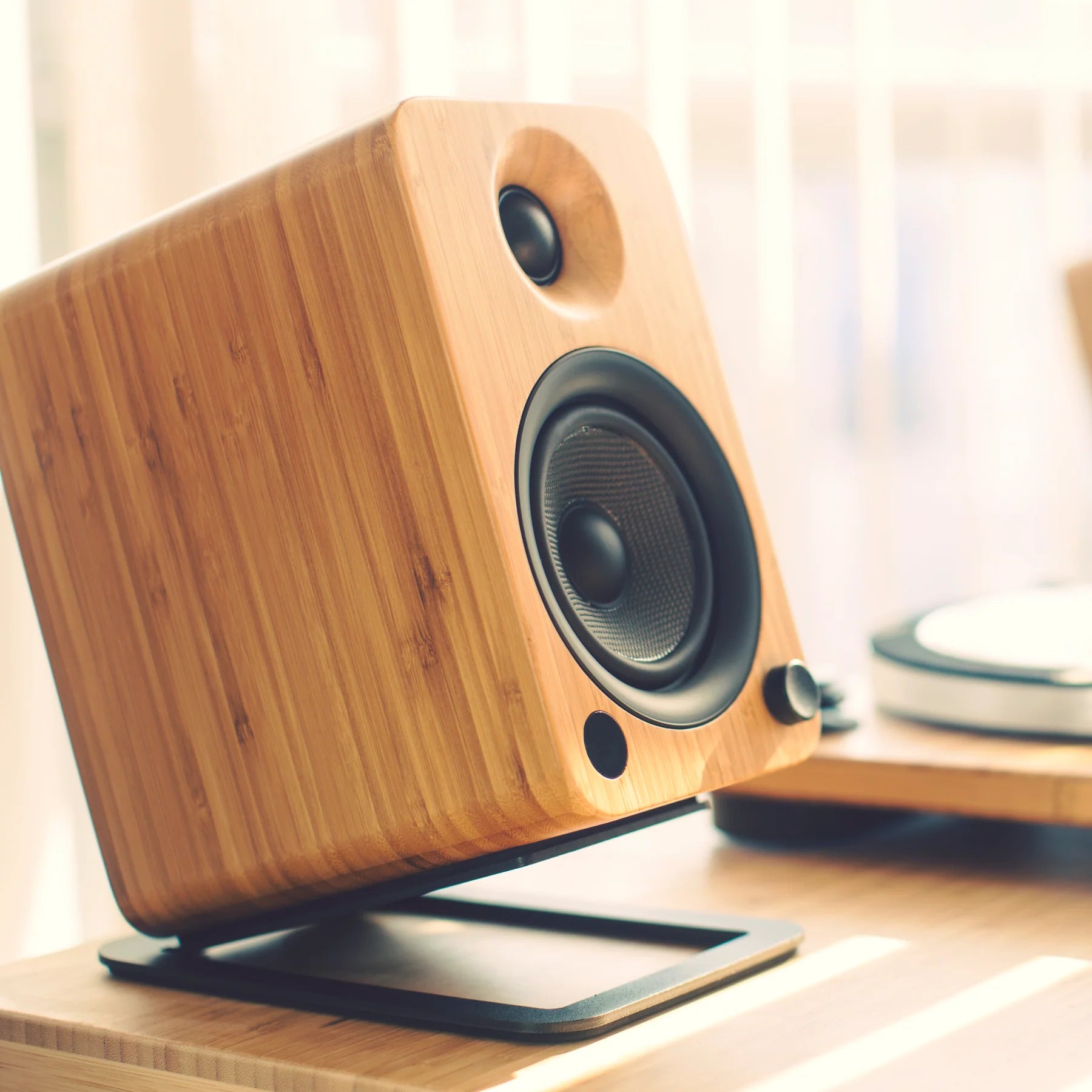 Powered Bookshelf Speakers Bluetooth Pair with Stand - Bamboo