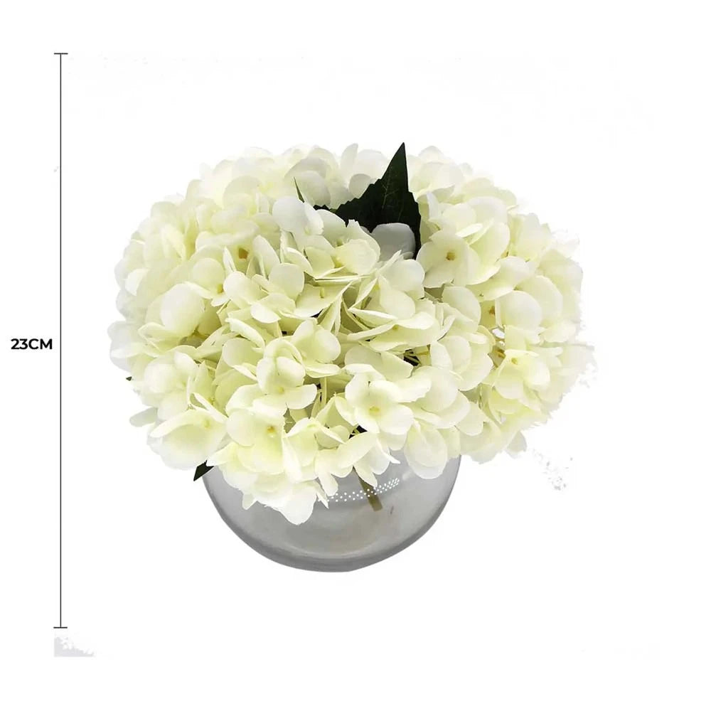 Premium Faux Hydrangea With Glass Vase 23cms - White