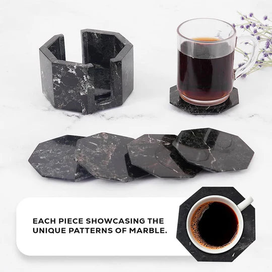 Premium Marble Star Coasters with Holder - Black