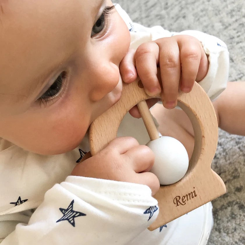 Personalised Round Wooden Rattle Teether - Fish (Available in 2 Colours)