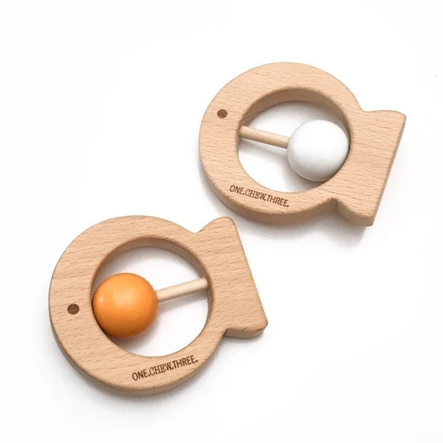 Personalised Round Wooden Rattle Teether - Fish (Available in 2 Colours)