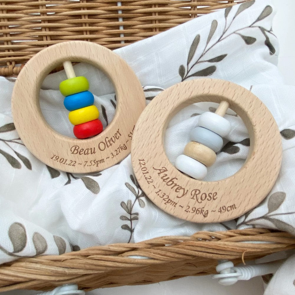 Personalised Round Wooden Rattle Teether (Available in 2 Colours)