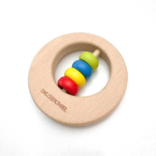 Personalised Round Wooden Rattle Teether (Available in 2 Colours)