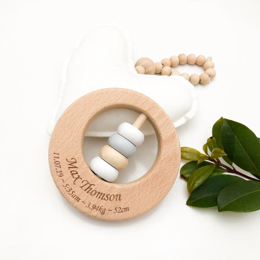 Personalised Round Wooden Rattle Teether (Available in 2 Colours)