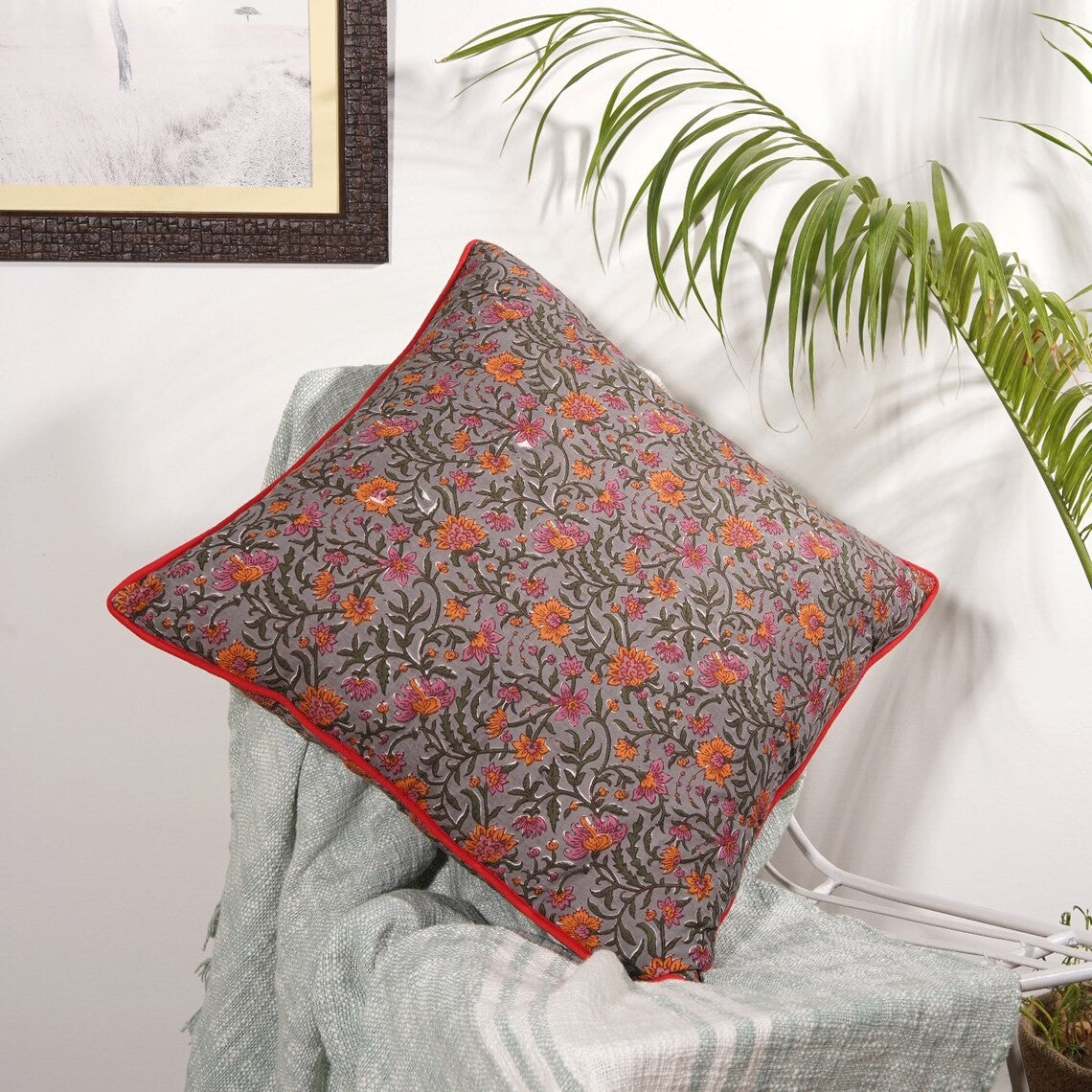 Purple Floral Print Cotton Cushion Cover 50 x 50cms