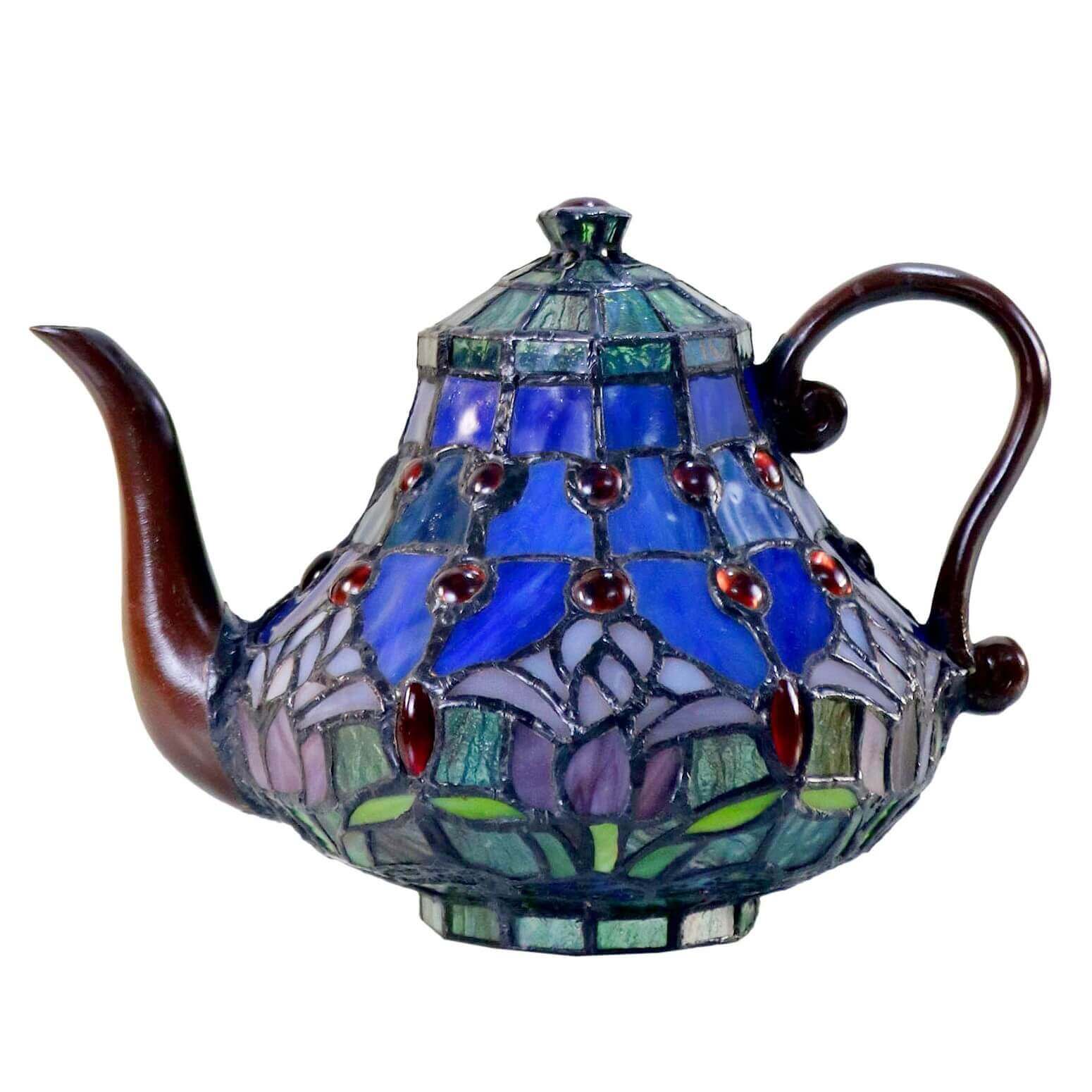 Purple Tulip Teapot Tiffany Stained Glass Table Lamp