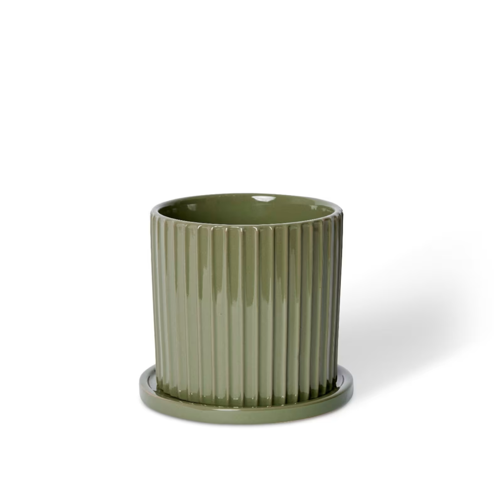 Quinn Plant Pot with Saucer - Green - Available in 3 Sizes