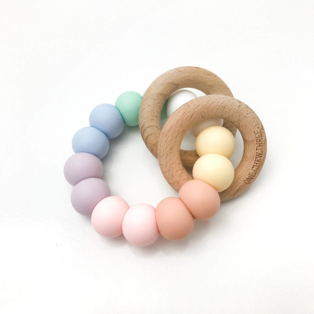 RATTLE Silicone and Wood Teether (Available in 7 Colours)