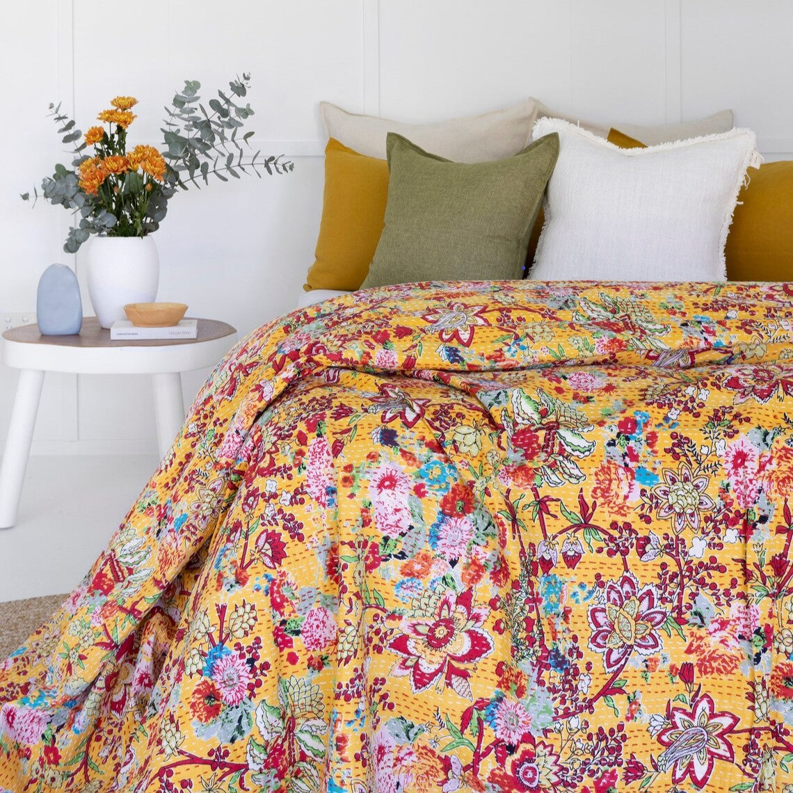 Radiant Blossoms Inspired Yellow Bedspread King Size