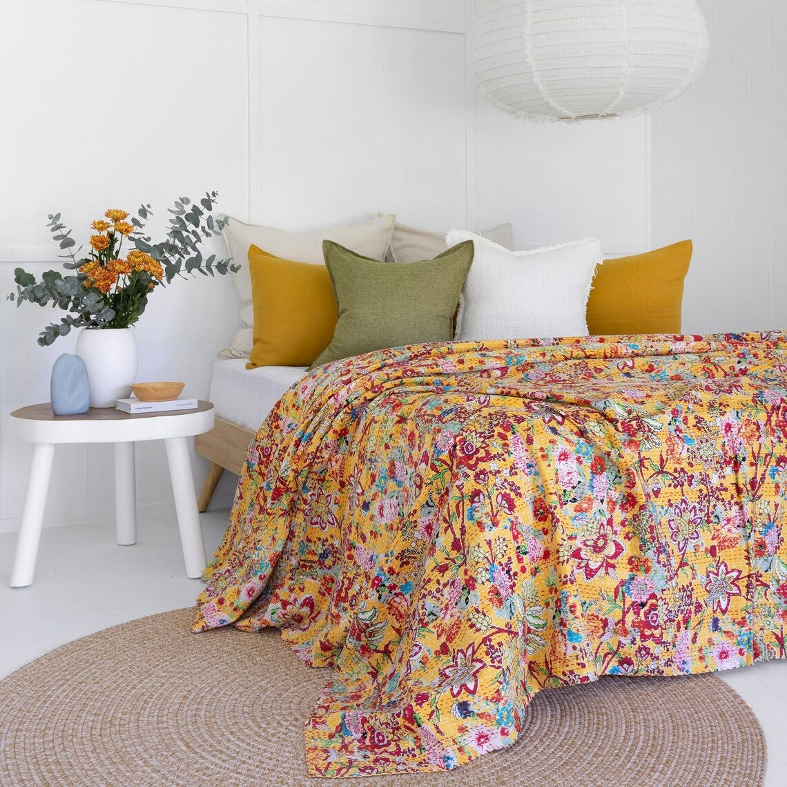 Radiant Blossoms Inspired Yellow Bedspread King Size