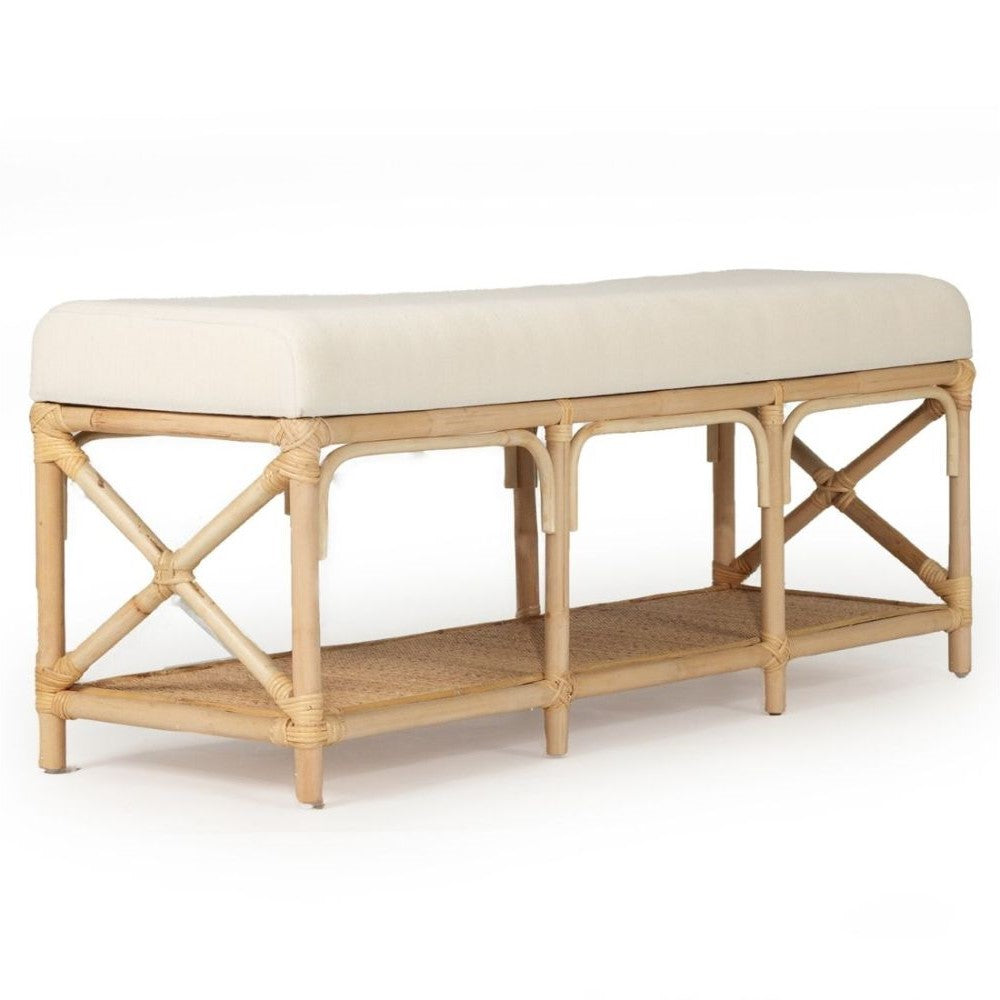 Rattan Bed End Bench With White Cushion - Natural Finish